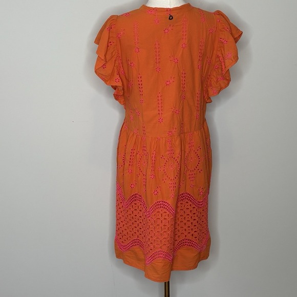Dixie Italy Orange Eyelet Embroidered Dress Ruffle Sleeve Womens Size Medium - Picture 5 of 9